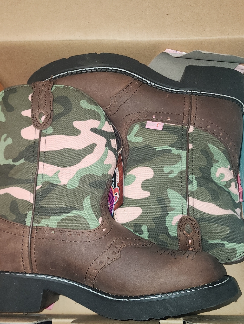 Justin Boots Brown Leather and Pink/Green Camo Heeled Boots